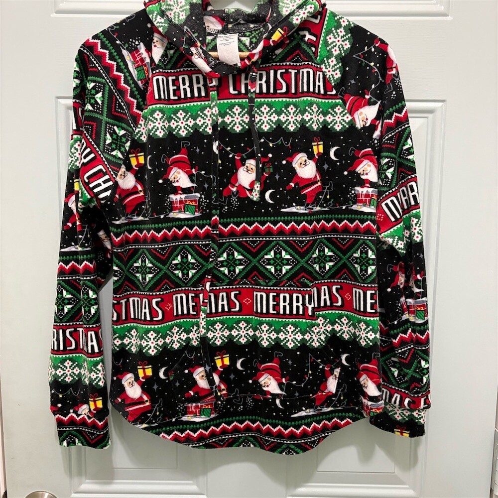 No Boundaries Hoodie Womens Size L Multicolor Plush Velour Santa Christmas